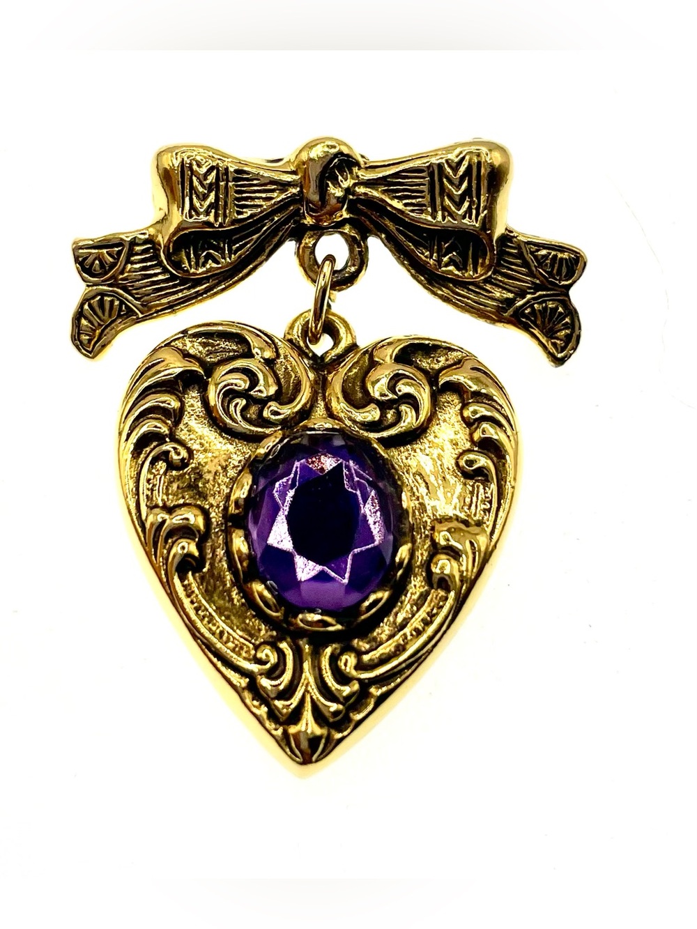 Vintage Victorian Revival Heart Brooch Gold Tone Purple Amethyst Glass Stone Bow